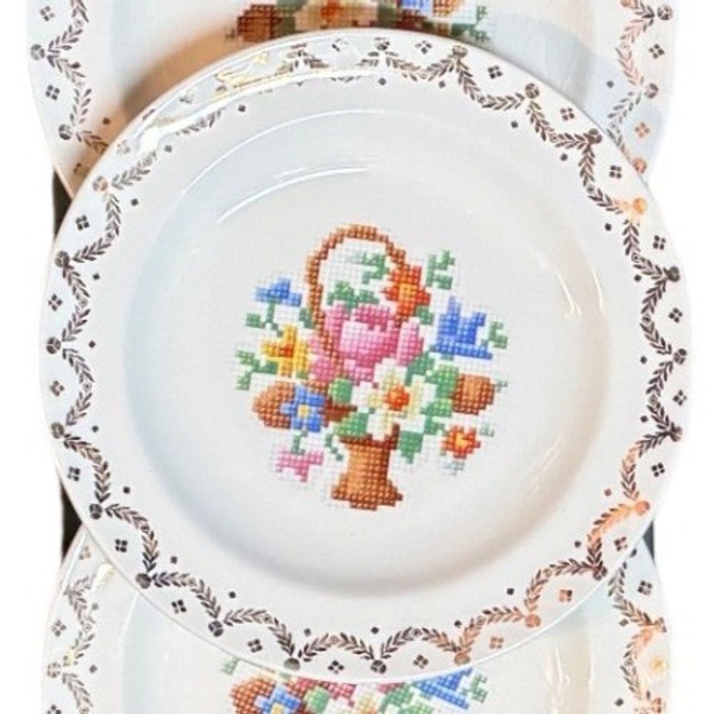 Vintage Salem China Century Petit Point Flower Basket 6 Inch Plates Set of 3